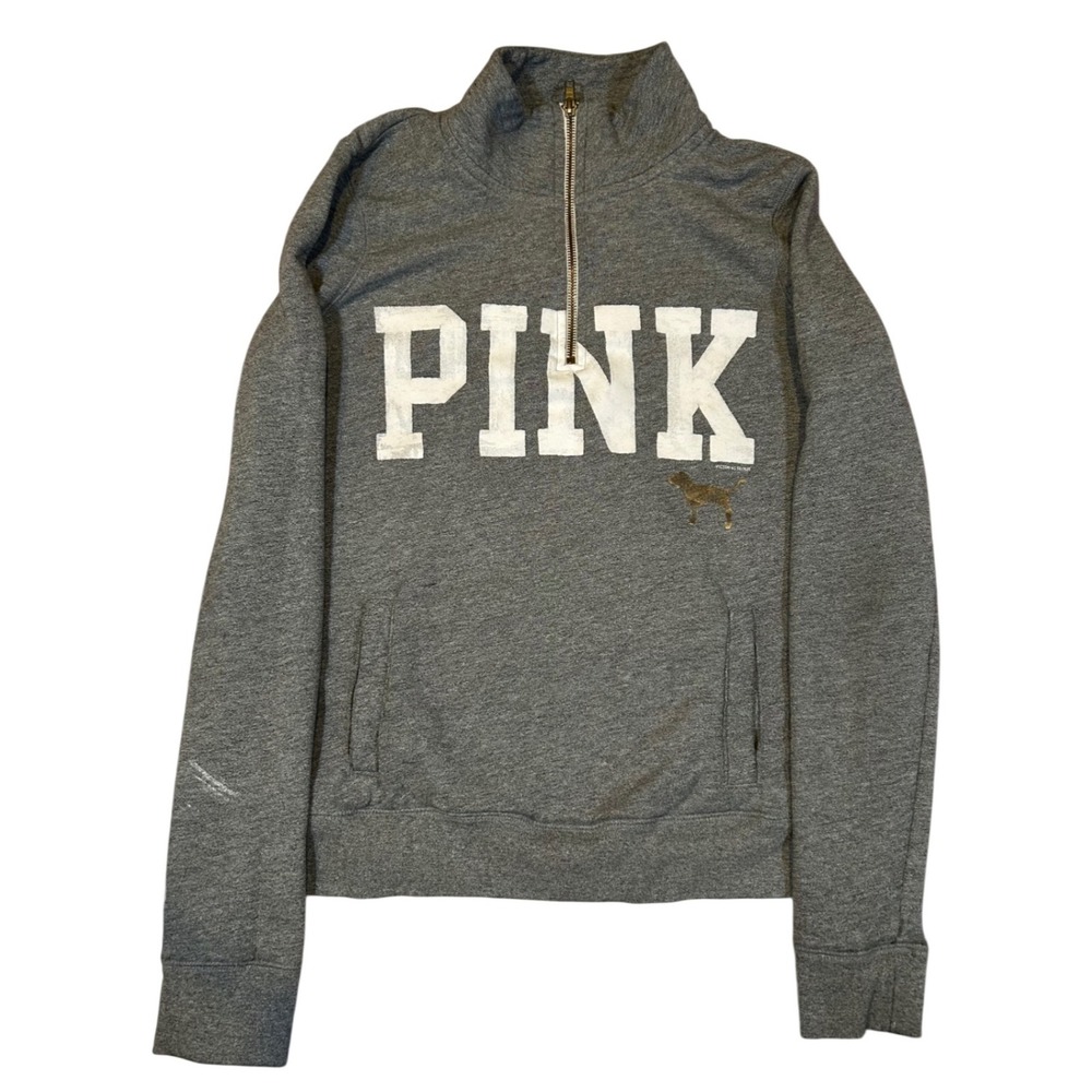 Y2K VTG Victoria's Secret PINK Gray Quarter‎ Zip Sweatshirt Dog Logo Women's S